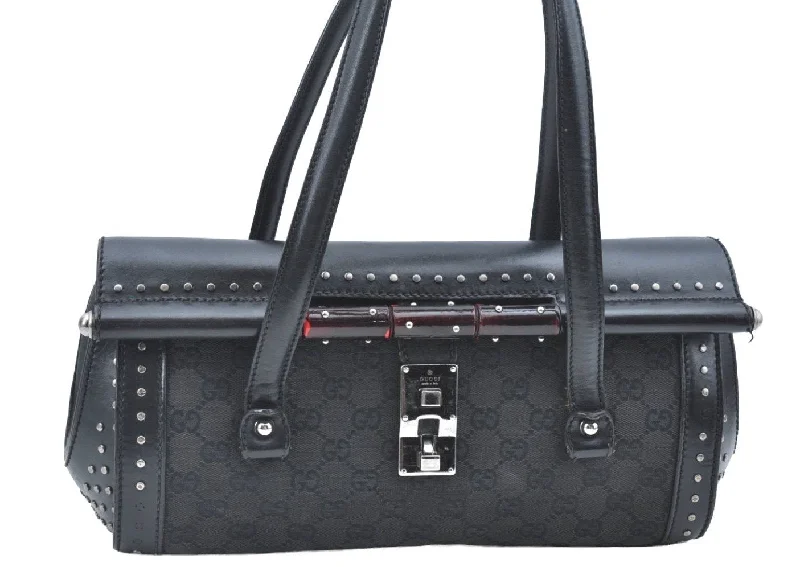 Ladies Gucci Dionysus bags with a detachable shoulder strapAuth GUCCI Bamboo Studs Shoulder Hand Bag GG Canvas Leather 114993 Black K6493