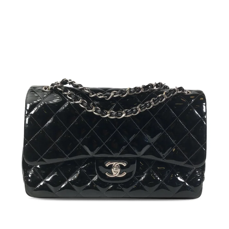 Chanel Lightweight Handbag for Daily ErrandsChanel Classic Double Flap Jumbo Black Patent Leather Silver