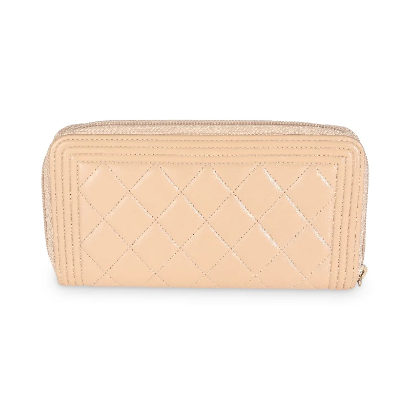 Chanel New Arrival Handbag with Gold HardwareCHANEL Beige Quilted Lambskin Zip Around Boy Wallet