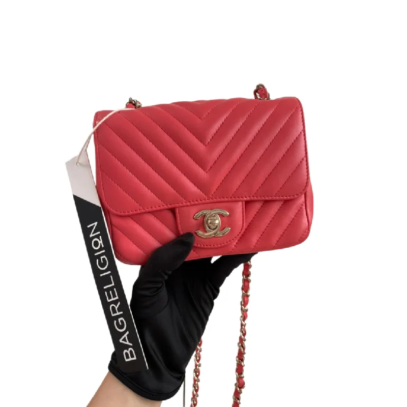 Chanel Classic Flap Bag for Evening PartySquare Mini Flap Chevron Coral Lambskin Leather Bag LGHW