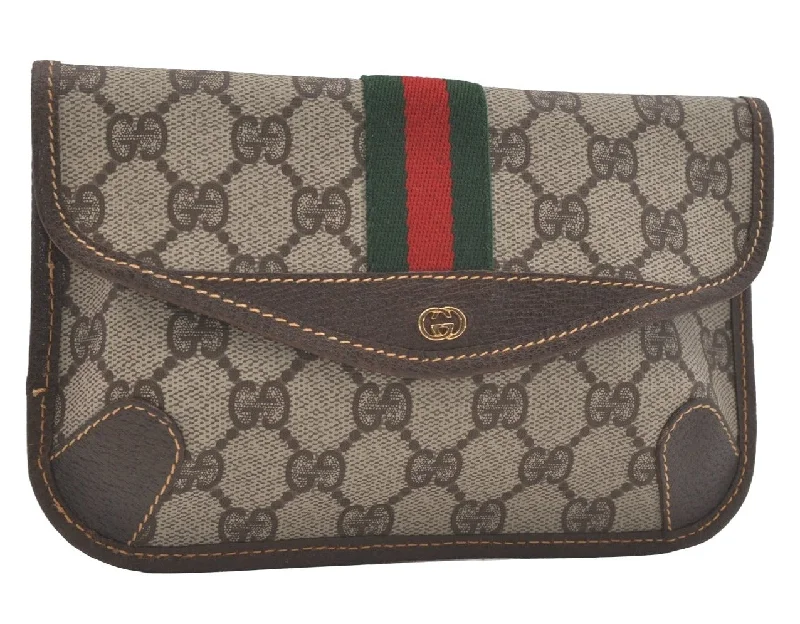 Ladies Gucci handbags with a detachable coin purse insideAuthentic GUCCI Web Sherry Line Clutch Hand Bag Purse GG PVC Leather Brown 8339I