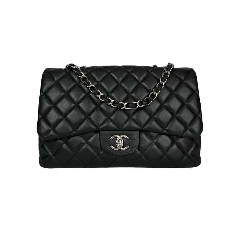 Chanel Quilted Leather Shoulder Bag for FashionistasChanel Classic Single Flap Jumbo Black Lambskin Silver