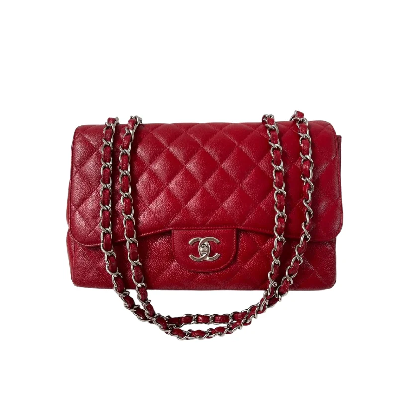 Chanel Quilted Leather Shoulder Bag for FashionistasSingle Flap Jumbo Caviar Red SHW