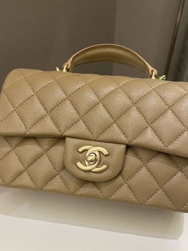 Chanel Designer Handbag with Unique DesignChanel 22B Quilted Metal Top Handle Mini Rectangular Dark Beige Lambskin