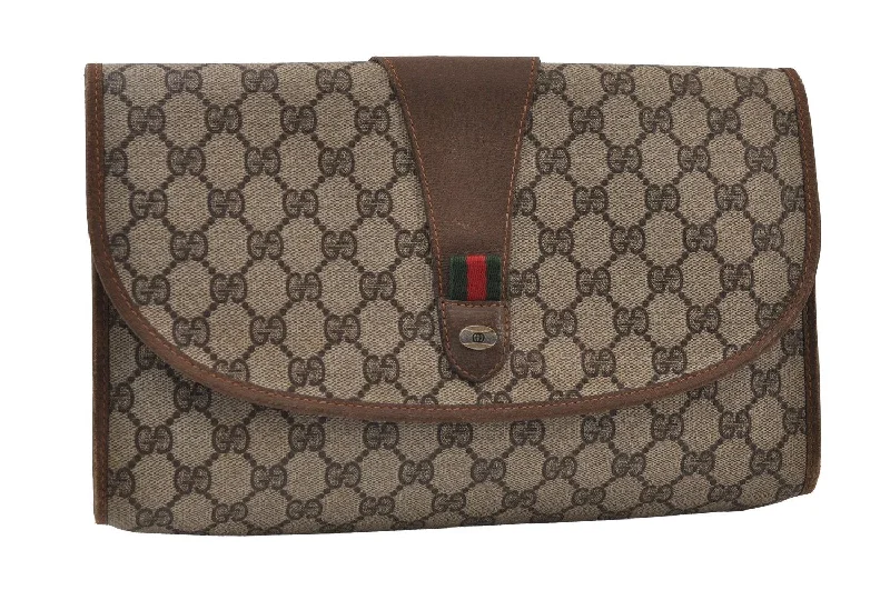 Women Gucci tote bags in GG Supreme canvas for a branded feelAuthentic GUCCI Web Sherry Line Clutch Hand Bag Purse GG PVC Leather Brown 9855I