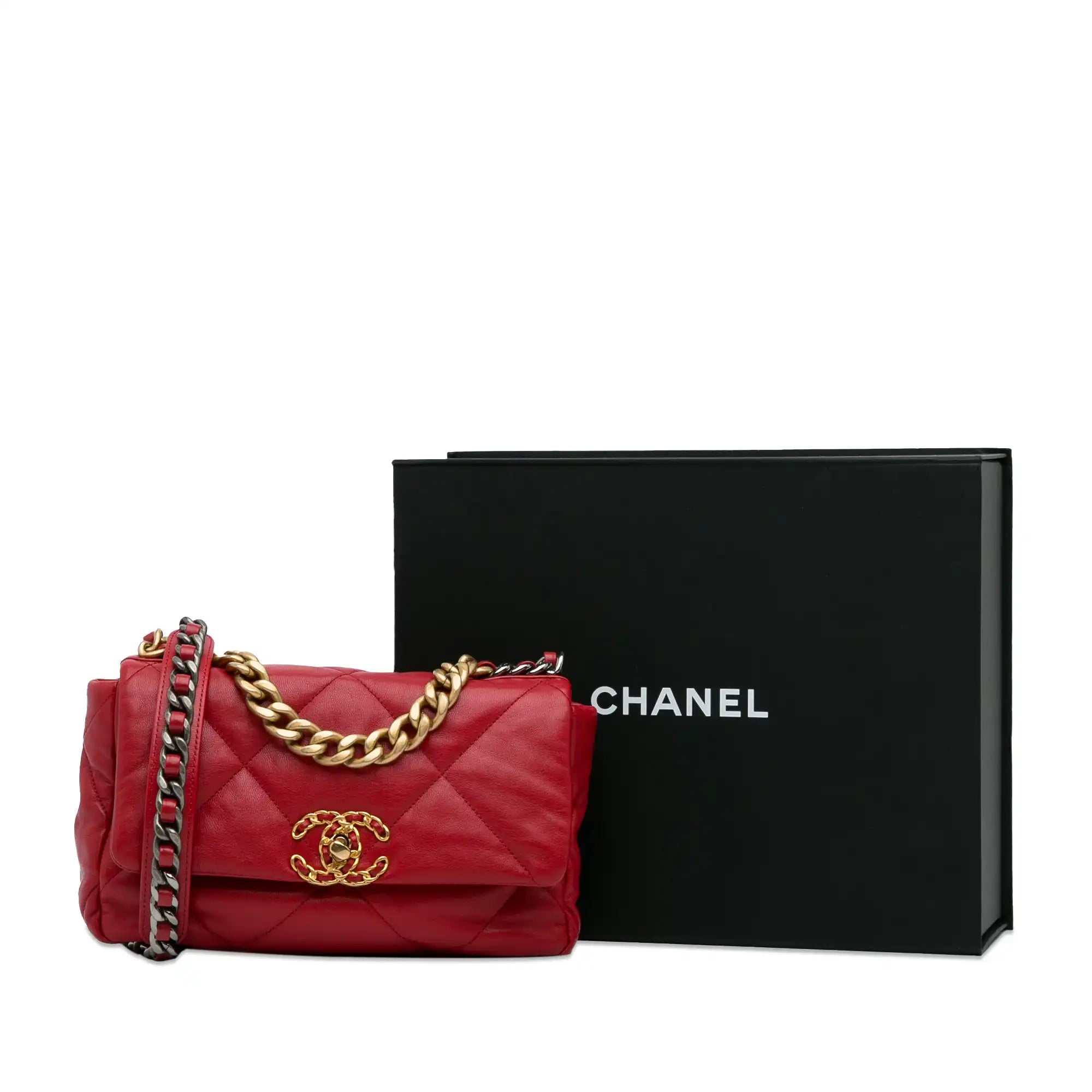 Chanel Quilted Leather Shoulder Bag for FashionistasChanel 19 Flap Bag Medium Red Lambskin Gold