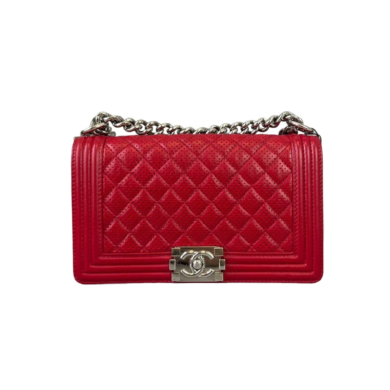 Chanel Handbag with Adjustable Strap for ComfortLe Boy Bag Red Perforated Lambskin SHW