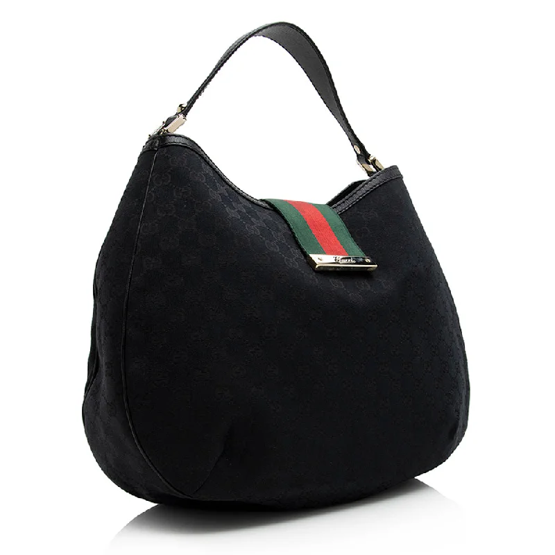 Women Gucci bags with a snap - button closure and a decorative charmGucci GG Canvas New Ladies Web Large Hobo (21483)