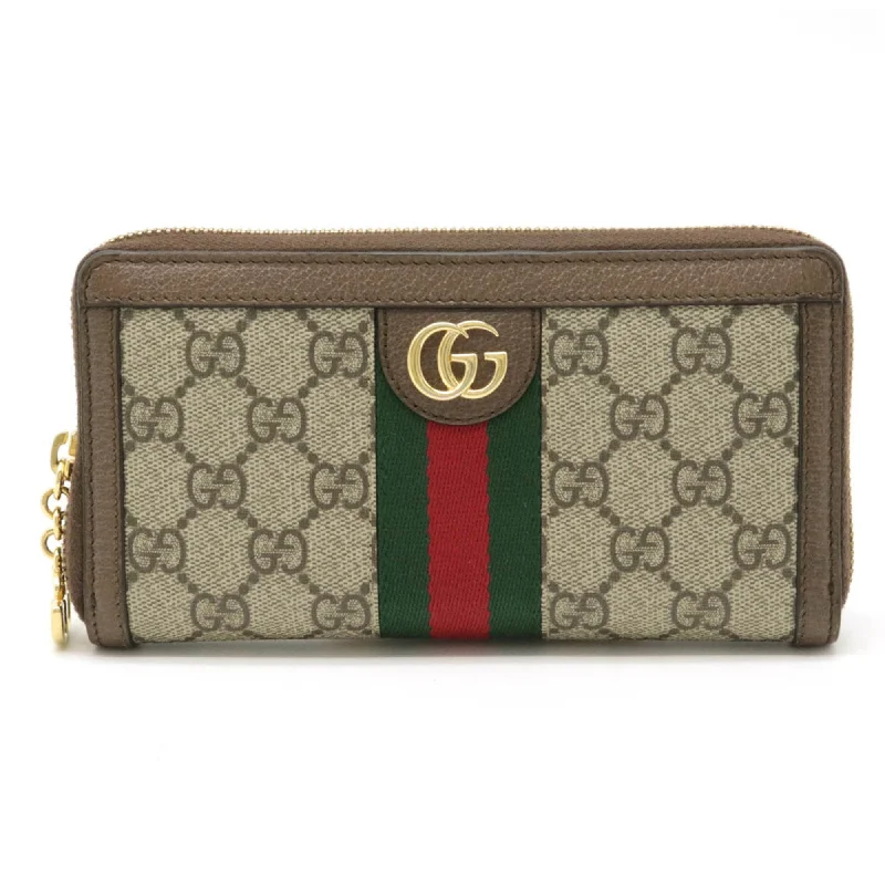 Women Gucci Sylvie bags with a leather - wrapped handleGucci Ophidia GG Supreme Zip Around Round Long Wallet PVC Leather Beige Brown 523154