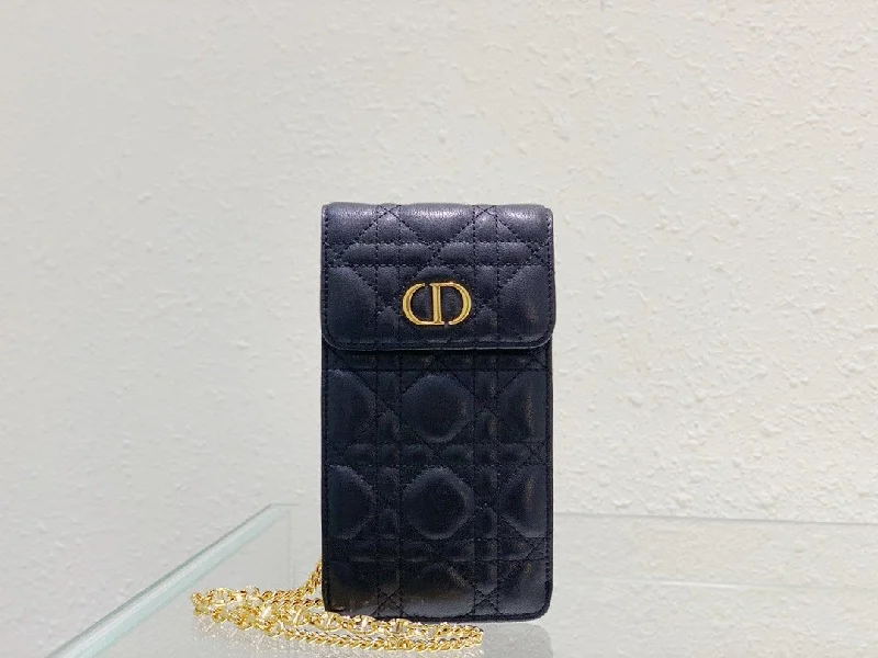 Christian Dior handbags with a snap - button closure and a decorative buckleChristian Dior Caro Phone Holder With Chain Black