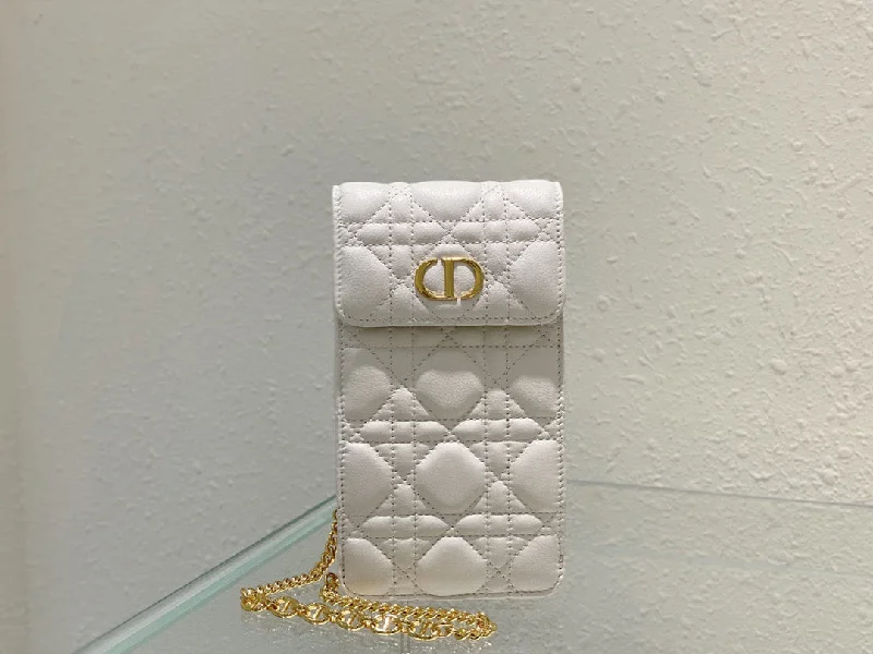 Christian Dior handbags with a snap - button closure and a decorative buckleChristian Dior Caro Phone Holder With Chain White