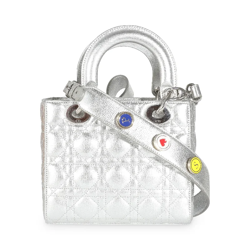 Christian Dior tote bags with a double - handle and shoulder - strap optionCHRISTIAN DIOR Silver Metallic Grained Calfskin Cannage My ABCDior Lady Dior