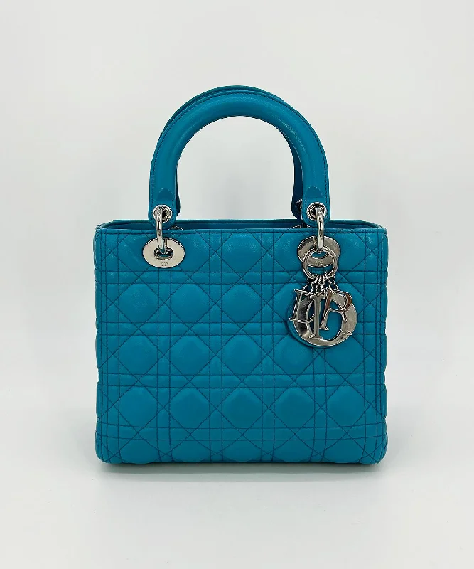 High - fashion Christian Dior bags with a geometric patternCHRISTIAN DIOR Teal Leather Cannage Medium Lady Di Bag