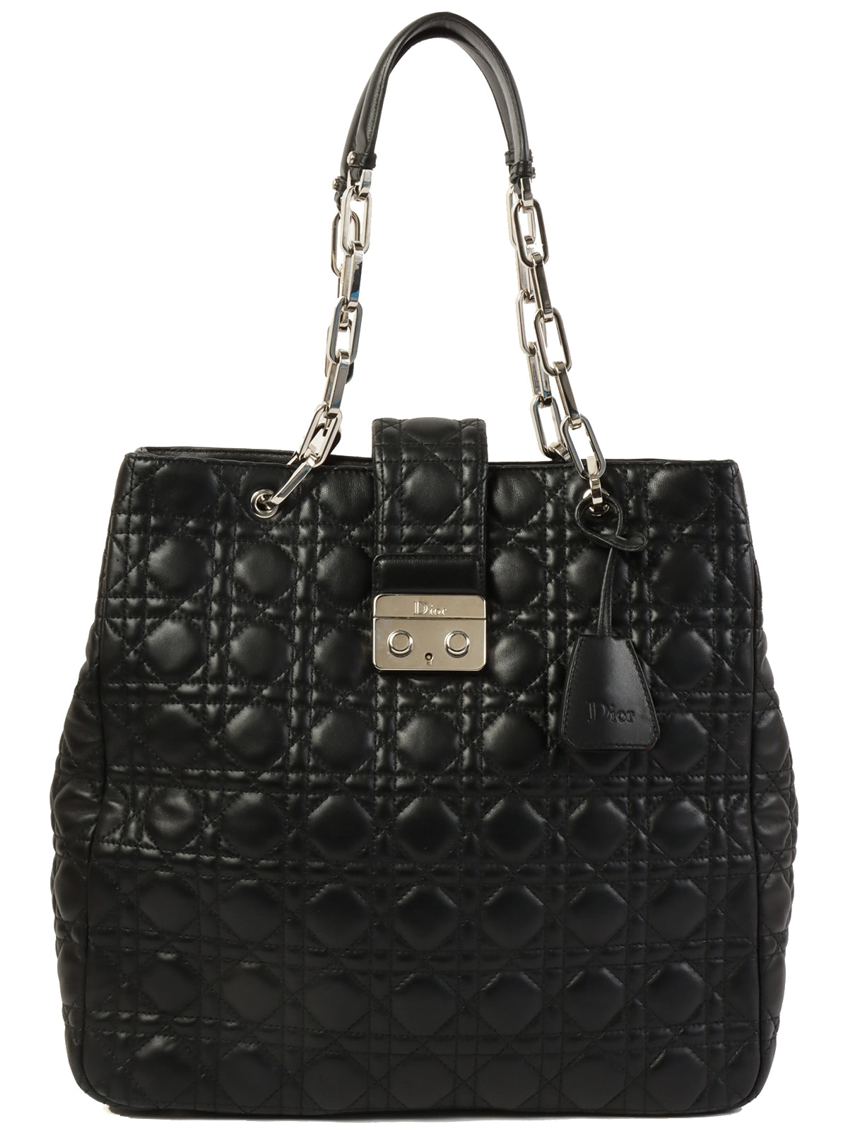 Christian Dior handbags with a snap - button closure and a decorative buckleDIOR Cannage Stitch Logo Plate Chain Tote Bag Black