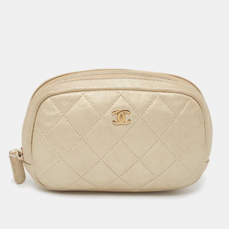 Chanel All - Match Handbag for Versatile StylingCHANEL Beige Quilted Leather Cosmetic Pouch