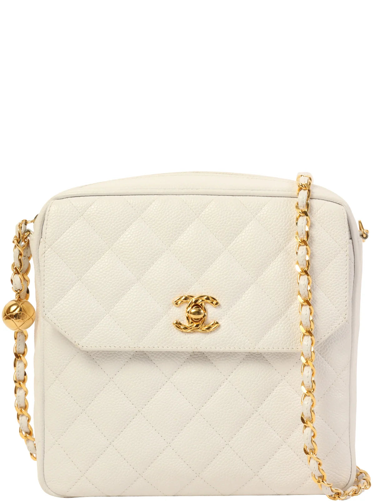 Chanel Medium Tote Bag for Office LadiesCHANEL Around 1992 Made Caviar Skin Turn-Lock Ball Charm Chain Bag White